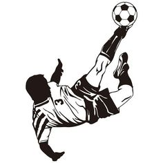 a black and white drawing of a man kicking a soccer ball in the air with his foot