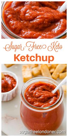 two pictures showing how to make sugar - free ketchup with the recipe title below