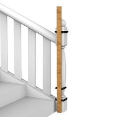 an image of a stair rail and handrail on a white staircase with wood balconies