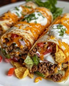 two burritos on a white plate topped with cheese, meat and veggies