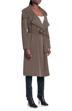 A showy collar and a graceful drape animate a softly styled trench coat you'll truly appreciate during the between season. 44 1/2" length (size Medium) Open front Notched lapels Front welt pockets Removable sash Partially lined 94% polyester, 6% spandex Dry clean Imported Elegant Collared Spring Outerwear, Elegant Taupe Outerwear For Fall, Elegant Collared Outerwear With Belted Cuffs, Elegant Spring Outerwear With Shawl Collar, Elegant Fitted Taupe Outerwear, Elegant Long Spring Outerwear, Spring Shawl Collar Belted Outerwear, Fabric Gift Bags, Nordstrom Store