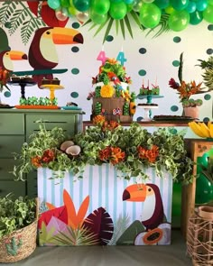 a tropical themed birthday party with balloons, flowers and decorations on the wall behind it