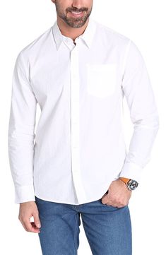 Refresh your essentials with this solid classic fit button-up shirt constructed from crisp, lightweight cotton. Front button closure Point collar Long sleeves with button cuffs Chest patch pocket 100% cotton Dry clean or machine wash, tumble dry Imported Casual Cotton Dress Shirt, Wrinkle-resistant, Cotton Collared Shirt With Wrinkle Resistance, Cotton Collared Shirt Wrinkle-resistant, Cotton Wrinkle-resistant Collared Shirt, Wrinkle-resistant Cotton Collared Shirt, Casual Business Shirt With Wrinkle-resistant Fabric, Casual Business Shirt, Wrinkle-resistant, Casual Wrinkle-resistant Shirt For Business Casual, Everyday Cotton Dress Shirt With Button Closure