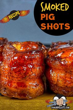 Smoked Pig Shots on a wooden cutting board Smoked Pig Shots With Maple Bourbon Glaze, Smoked Pork Shots, Piggy Shots, Grilled Pig Shots, Pigshots Recipe, Smoked Pig Shots Recipe, Pig Shots Smoker, Pellet Grill Appetizers, Pellet Smoker Appetizers