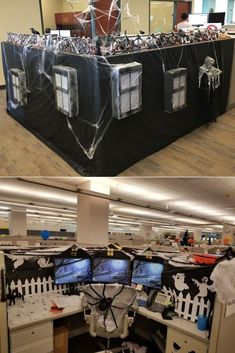 Cubicle Decoration Ideas for Halloween Front Office Halloween Decor, Halloween Decor Ideas For Office, Decorate Office Halloween, Halloween Decorations For Workplace, Halloween Office Cubicle Decor Ideas, Horror Office Decor, Office Halloween Ideas Cubicles, Halloween Office Cube Decorations