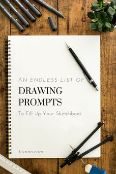 an endless list of drawing prompts to fill up your sketchbook on a wooden table