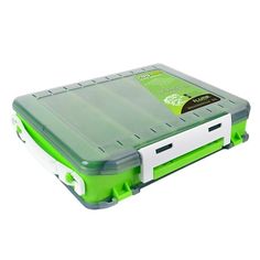 a green and white lunch box on a white background