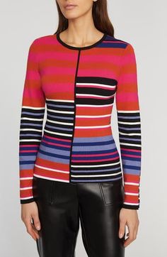 Move flawlessly from work to play in this close-fitting sweater knit with lively offset stripes. 24" length Jewel neck Long sleeves 72% viscose, 28% polyester Machine wash, tumble dry Imported Striped Fine Knit Sweater For Spring, Chic Fitted Multicolor Sweater, Fitted Striped Knit Top With Crew Neck, Fitted Striped Crew Neck Knit Top, Modern Multicolor Tops For Work, Chic Striped Fitted Sweater, Fitted Multicolor Jacquard Knit Top, Striped Fitted Crew Neck Sweater, Elie Tahari