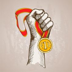 hand holding up a medal with the number one on it and ribbon around its wrist