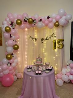 a birthday party with balloons, cake and cupcakes