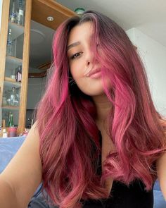 Red Pink Hair Color Ideas, Dyed Hair For Light Brown Hair, Dyed Hair Inspo For Short Hair, Pink Hair With Dark Hair, Colorful Brunette Hair, Dyed Hair For Pale Skin, Strawberry Dyed Hair, Pink Baylage Hair Dark Brown, Hair Dye Ideas On Brown Hair