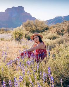 a woman in a red dress and hat sitting on the ground surrounded by wildflowers