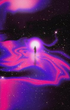 a person standing in the middle of a space filled with pink and purple swirls