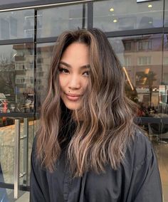 Hair Coloring For Asian Hair, Subtle Brown Money Piece, Asian Brown Hair Highlights, All Over Hair Color Ideas For Dark Hair, Dimensional Asian Hair, Medium Brown Hair With Face Frame, Filipino Hair Highlights, Highlights For Dark Brown Hair Asian, Hair Color On Asian Women