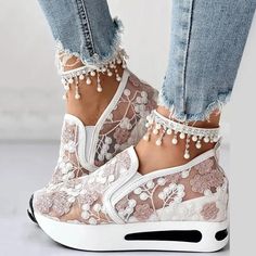 Nwt Floral Embroidery Breathable Sheer Mesh Sneakers For Women Size 40 Sequin Shoes, White Platform Sneakers, Evening Heels, Sneakers Patterns, Women Platform Shoes, Summer Sneakers, Chic Type, Mesh Sneakers, Breathable Shoes