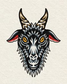 the head of a goat with long horns on it's face is painted in black and red