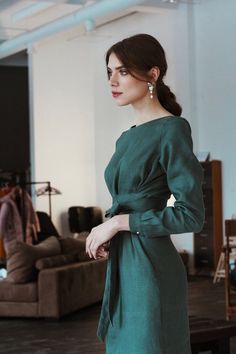 Long Green Dress, Long Linen Dress, Dress Woman, Dress Wrap, Dress Handmade, Dress Bridesmaid, Flattering Dresses, Green Midi Dress, Dress Boho