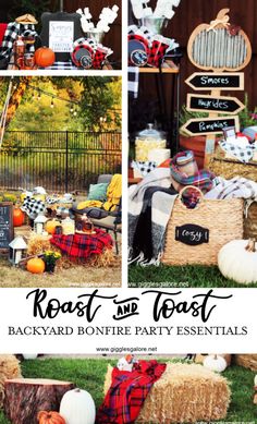 an outdoor party with hay bales, pumpkins and other decorations on the grass