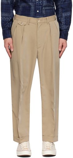 Tapered stretch cotton twill trousers. · Belt loops · Four-pocket styling · Zip-fly · Pleats and button tab at front Supplier color: Sand Tailored Chinos With Tapered Leg And Pockets, Tailored Tapered Leg Chinos With Pockets, Workwear Chinos With Hidden Pockets And Tapered Leg, Classic Flat Front Pants With Hip Pockets, Tapered Leg Chinos With Hidden Pockets For Work, Workwear Bottoms With Patch Pockets And Flat Front, Tailored Chinos With Pockets, Tailored Flat Front Pants With Pockets, Tailored Flat-front Pants With Pockets