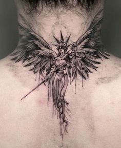 the back of a man's neck with an angel tattoo on it