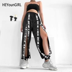 Split Casual Loose Black Pants Capris Elastic High Waist Trousers Letter Print High Street Sweatpants Joggers L0069 Loose Black Pants, Look Grunge, High Waist Trousers, Style Streetwear, Kpop Outfits, High Waisted Trousers, Dance Outfits, Festival Outfits, Letter Print