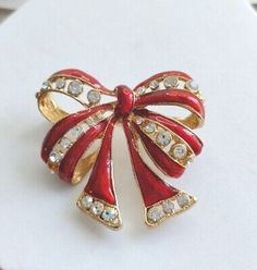 Vintage Fancy Red Enamel Rhinestones Ribbon Bow Brooch Pin Jewelry Gift Holiday | eBay Elegant Red Brooch Pins, Elegant Red Pins For Party, Elegant Red Party Pins, Red Brooch For Valentine's Day Party, Holiday Formal Brooch Jewelry, Holiday Formal Jewelry Brooch, Formal Holiday Brooch Jewelry, Elegant Red Brooches For Gifts, Elegant Red Brooches As Gifts