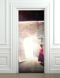 a woman standing in front of an open door with the light coming through it,