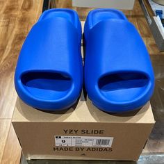 Brand New Yeezy Slides In Size 9 Blue Sporty Slides For Streetwear, Sporty Blue Slides For Streetwear, Casual Blue Slides For Streetwear, Blue Slip-on Slides For Streetwear, Blue Yeezy Slides, Blue Yeezy, Blue Slides, Shoes Yeezy, Yeezy Slides