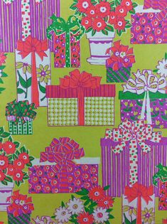 colorful wrapping paper with flowers and gifts on it, all wrapped up in bright colors