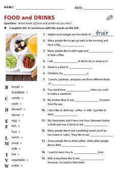 food and drinks worksheet for kids to learn english with pictures on the page