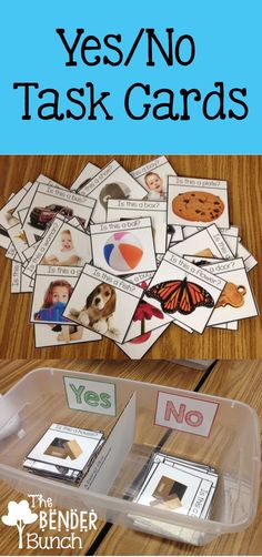 the words yes / no task cards are shown in front of a plastic container filled with pictures