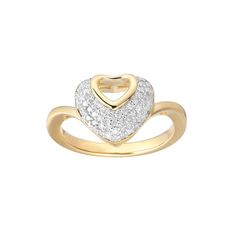 Celebrate your love with this sparkling 14k gold over silver heart ring with beautiful diamonds. Click on this JEWELRY & WATCHES GUIDE to learn about fit, styles, materials and more! Celebrate your love with this sparkling 14k gold over silver heart ring with beautiful diamonds. Click on this JEWELRY & WATCHES GUIDE to learn about fit, styles, materials and more! FEATURES Width: 12 mm Shank style: twist Band fit: rounded Metal: sterling silver Plating: 14k gold Finish: polished Packaging: boxed Fine Jewelry Anniversary Diamond Ring With Open Heart, Anniversary Diamond Ring Open Heart Style, Anniversary Open Heart Diamond Ring, Heart-shaped Yellow Gold Diamond Ring With Center Stone, Yellow Gold Heart Ring With Vs Clarity Diamond, Elegant Heart Ring With Pave Setting For Valentine's Day, Diamond Heart Ring In Yellow Gold For Anniversary, Formal Heart Ring With Diamond Accents, Anniversary Heart Cut Diamond Heart Ring