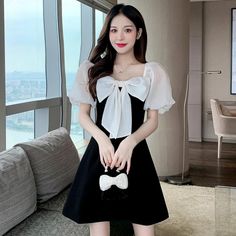 Mini Frock, Black And White Contrast, Short Dress White, Sunday Dress, Puff Sleeve Mini Dress, Korean Fashion Dress, Free Dresses, Sweet Dress, Mini Dress With Sleeves