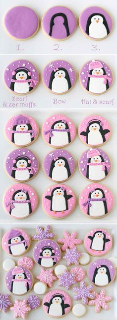 decorated cookies with penguins and snowflakes are shown in purple, white and pink