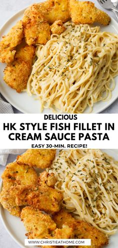 two plates with different types of food on them and the words, hk style fish fillet in cream sauce pasta