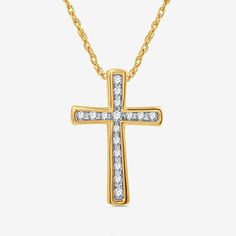 Features: Religious Jewelry, In A Gift BoxDiamond Clarity: I2-I3Jewelry Closure: Spring Ring ClaspLink Construction: SolidSetting: NickShape: CrossStone Cut: RoundDiamond Color: G-HMetal Color: YellowChain Length: 18 InchPendant Length: 22.3mmPendant Width: 15.2mmRounded Carat Weight: 1/4 Ct. T.w.Chain Construction: RopeCare: Wipe CleanStone Type: 16 Lab Grown DiamondAuthenticity: Lab Grown DiamondBirthstone: April BirthstoneMetal: Sterling Silver, 14k Gold Over SilverNecklace Type: Pendant Neck Crucifix Necklace With Vvs Clarity As Gift, Gift Crucifix Necklace With Vvs Clarity, Gift Crucifix Necklace Vvs Clarity, Yellow Gold Cross Necklace With Diamond Accents For Gift, Gold Cross Necklace With Diamond Accents For Anniversary, Diamond Accented Crucifix Necklace For Gift, Crucifix Necklace With Diamond Accents Gift, Crucifix Necklace With Diamond Accents, Classic Diamond Cut Cross Necklace For Gift