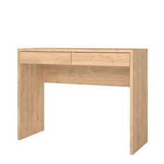 a wooden desk with two drawers on one side and an open drawer on the other