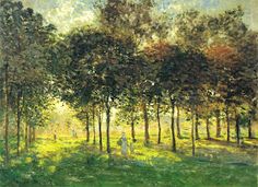 an image of a painting of trees in the sunlit forest with two people walking through it