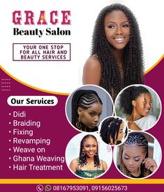 an advertisement for a hair salon with different types of braids and other things on it