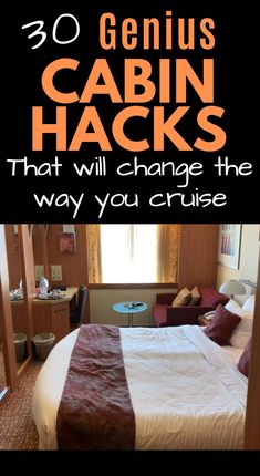 there is a bed with the words 30 genius cabin hacks that will change the way you cruise