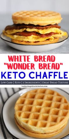 two waffles on plates with the words white bread wonder bread keto chaffle