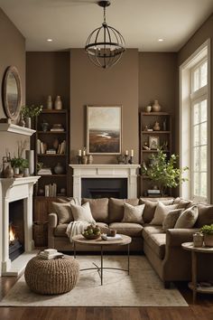 a living room filled with furniture and a fire place in the middle of a room