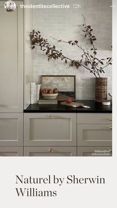 a kitchen with white cabinets and black counter tops in front of a brick wall that reads natural by shewin williams