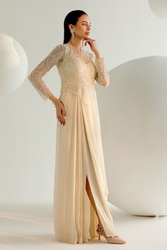 Ivory padded gown with pearl, crystal, sequin, cutdana embroidery in scallop pattern and attached drape. - Aza Fashions Cutdana Embroidery, Draped Gown, Scallop Pattern, Tulle Embroidery, Drape Gowns, Gown For Women, Gown Pattern, Pearl Crystal, Aza Fashion