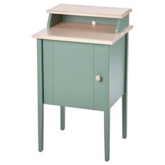 a small green cabinet with a wooden top and drawer on the bottom, sitting against a white background