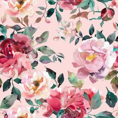 a pink floral wallpaper with lots of flowers on it's sides and green leaves