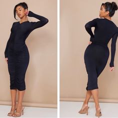 Bnwot Can Fit Size 4 Black Stretch Midi Dress For Date Night, Black Ruched Midi-length Bodycon Dress, Black Ruched Midi Bodycon Dress, Slinky Dress, Colorful Dresses, Size 2, Size 4, Long Sleeve Dress, Womens Dresses