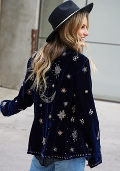 Beaded Blazer, Written In The Stars, Night Court, Velvet Blazer, Embroidered Clothes, Notch Collar, Beaded Trim, Blue Outfit, Notched Collar