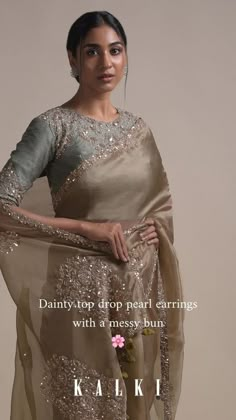 Sage Green Saree, Chiffon Saree Party Wear, Cutwork Blouse, Zardozi Embroidery, Fancy Sarees Party Wear, Indian Saree Blouses Designs, Indian Fashion Saree, Saree Designs Party Wear, Indian Dresses Traditional