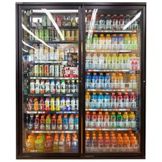 an open refrigerator filled with lots of different types of drinks and beverages in it's glass doors